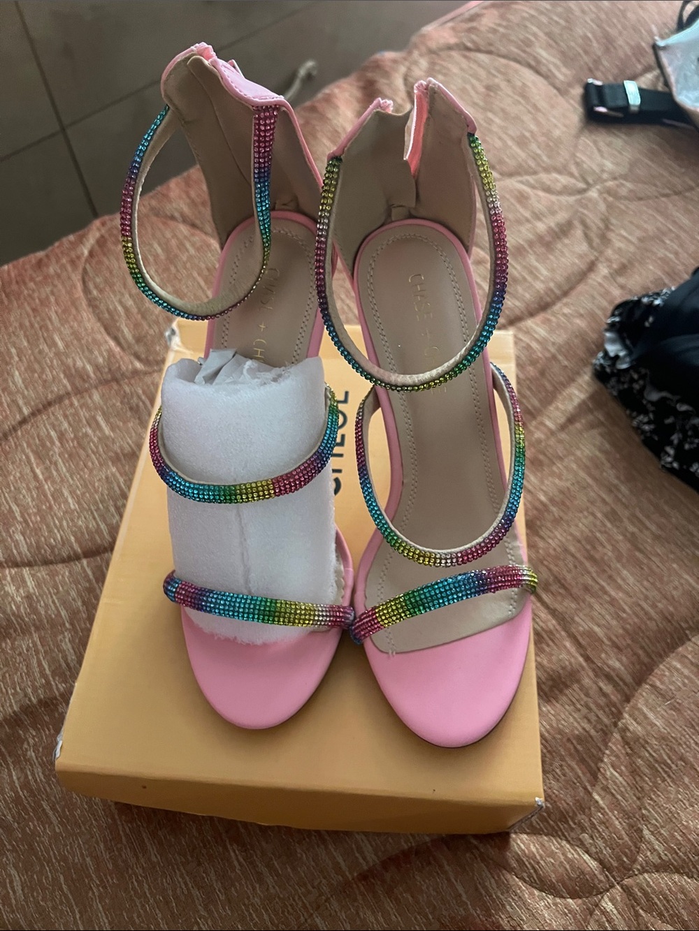 Chase + Chloe Pink Heels with Rainbow Rhinestone Straps